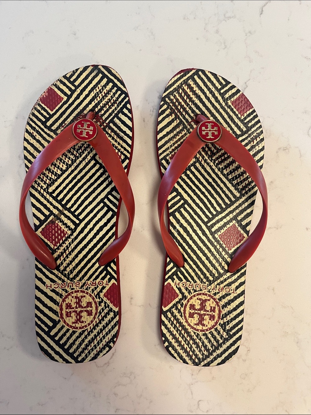 Tory Burch Geometric Print Classic Flip Flops - Red & Black Stripe - Size 8/9